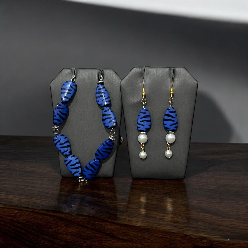 Blue Zebra Stripe Handcrafted Earrings And Necklace Set.